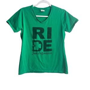 Harley Davidson Ride V Neck T Shirt Women's XS Green Shamrock‎ Short Sleeve